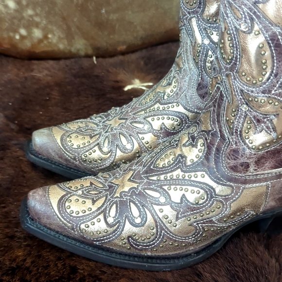 CORRAL E1594 distressed brown leather snip toe cowgirl boots metallic inlay sz 8 - Picture 11 of 16